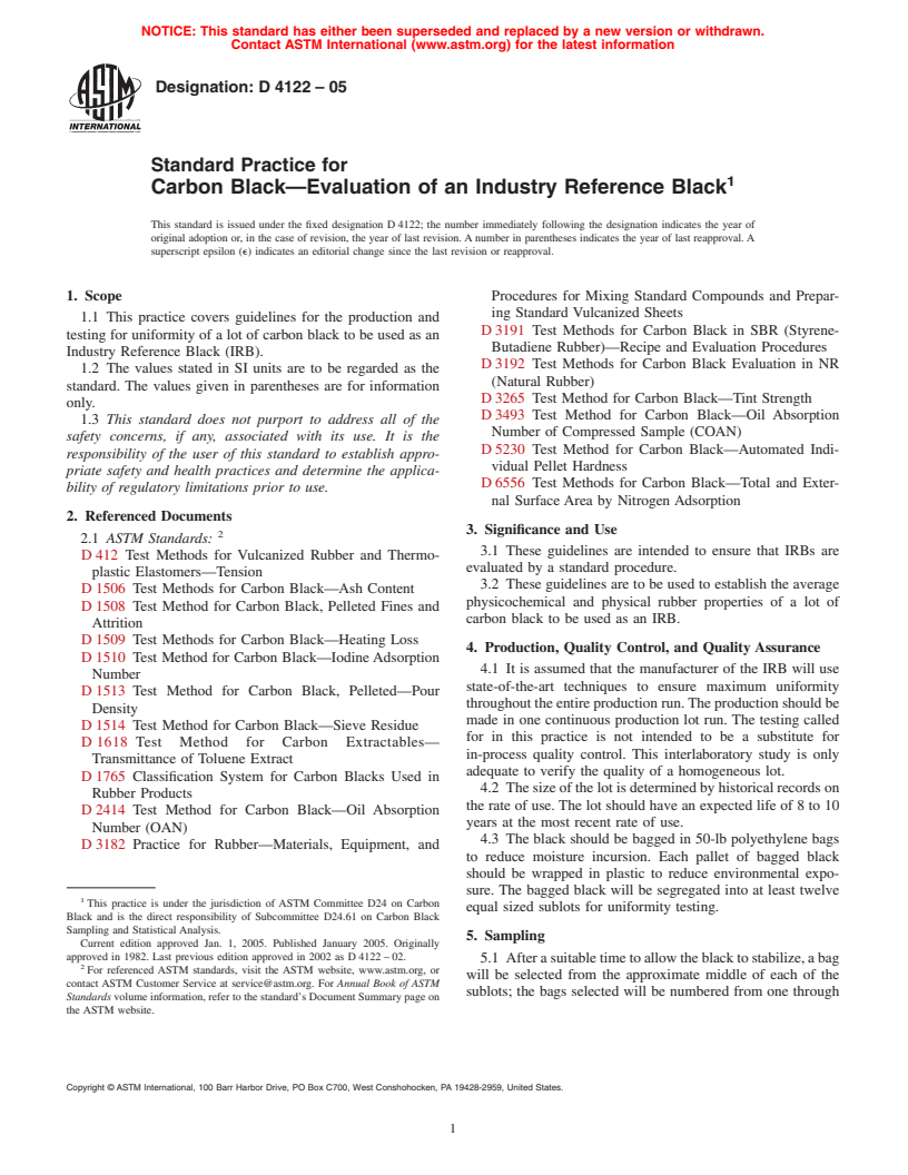 ASTM D4122-05 - Standard Practice for Carbon Black&#8212;Evaluation of an Industry Reference Black