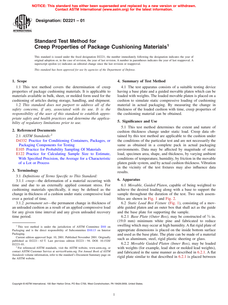 ASTM D2221-01 - Standard Test Method for Creep Properties of Package Cushioning Materials