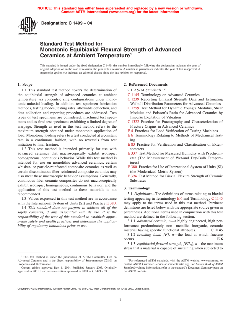 ASTM C1499-04 - Standard Test Method for Monotonic Equibiaxial Flexural Strength of Advanced Ceramics at Ambient Temperature