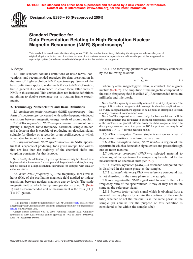 ASTM E386-90(2004) - Standard Practice for Data Presentation Relating to High-Resolution Nuclear Magnetic Resonance (NMR) Spectroscopy