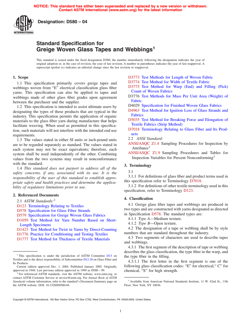 ASTM D580-04 - Standard Specification for Greige Woven Glass Tapes and Webbings