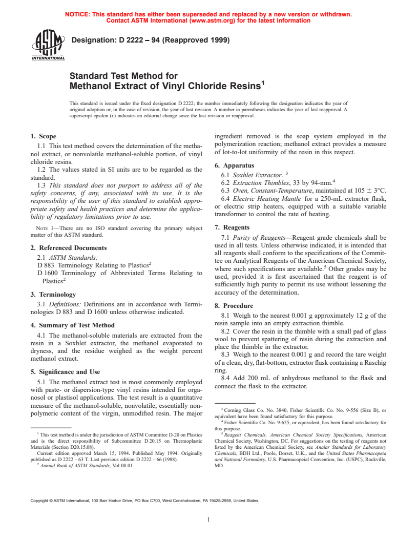 ASTM D2222-94(1999) - Standard Test Method for Methanol Extract of Vinyl Chloride Resins