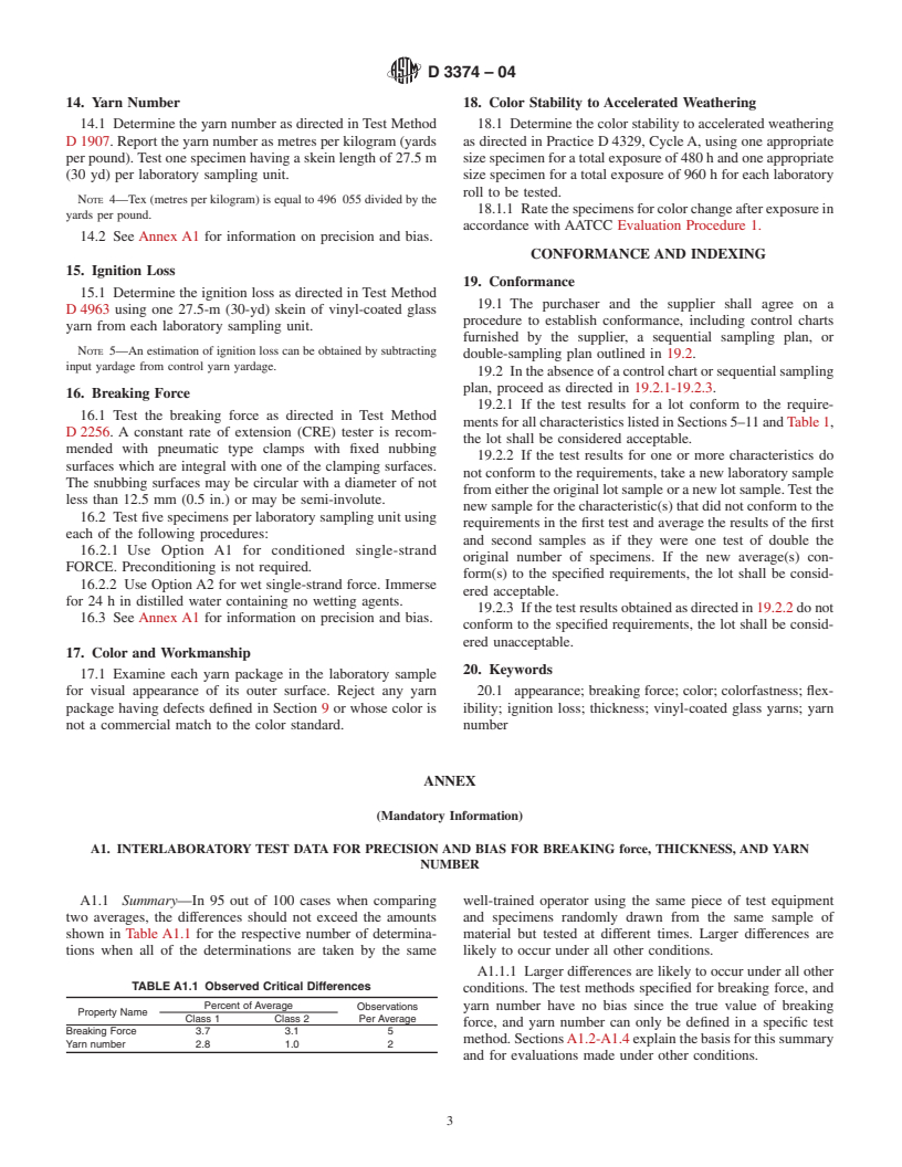 ASTM D3374-04 - Standard Specification for Vinyl-Coated Glass Yarns