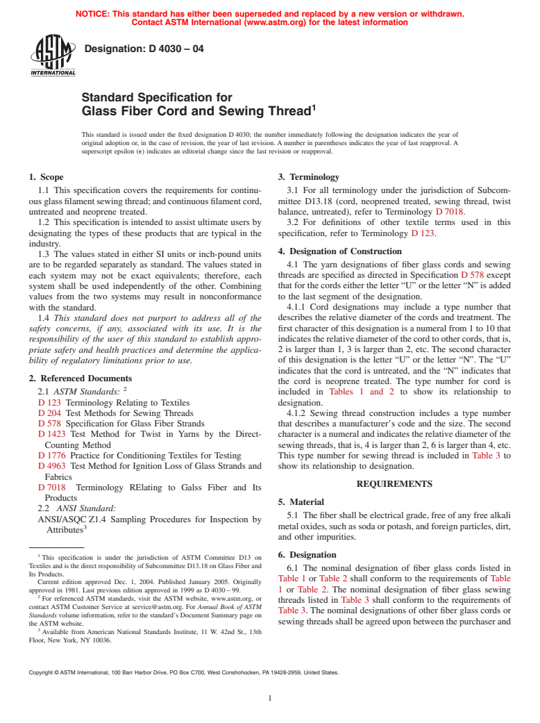 ASTM D4030-04 - Standard Specification for Glass Fiber Cord and Sewing Thread