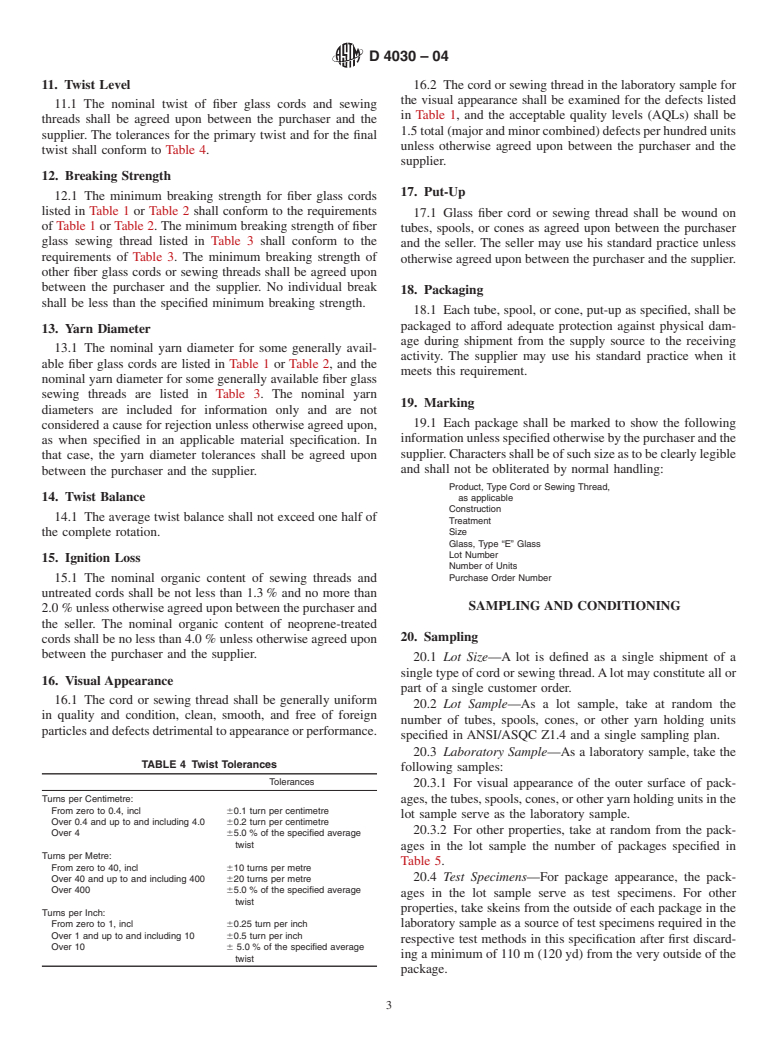 ASTM D4030-04 - Standard Specification for Glass Fiber Cord and Sewing Thread