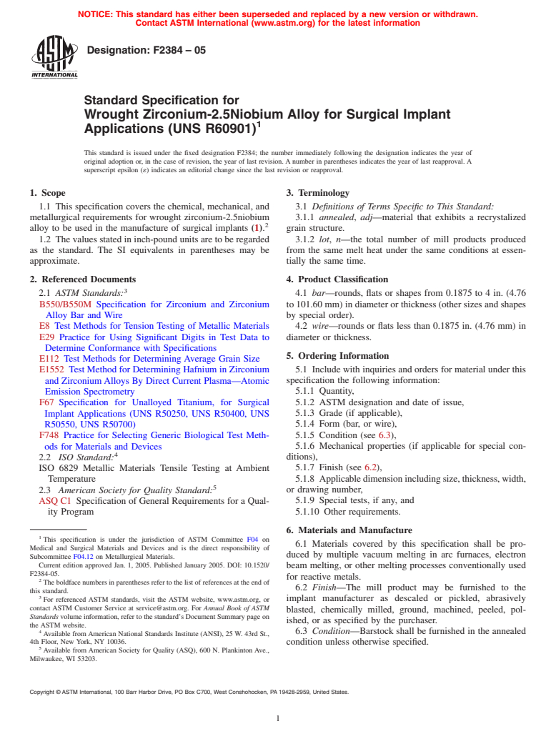 ASTM F2384-05 - Standard Specification for Wrought Zirconium-2.5Niobium Alloy for Surgical Implant Applications (UNS R60901)