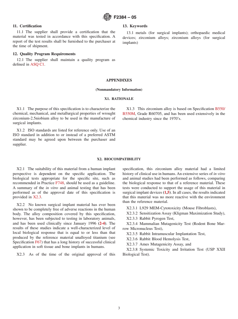 ASTM F2384-05 - Standard Specification for Wrought Zirconium-2.5Niobium Alloy for Surgical Implant Applications (UNS R60901)