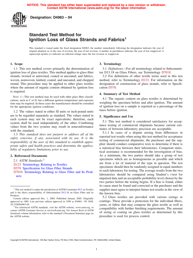 ASTM D4963-04 - Standard Test Method for Ignition Loss of Glass Strands and Fabrics