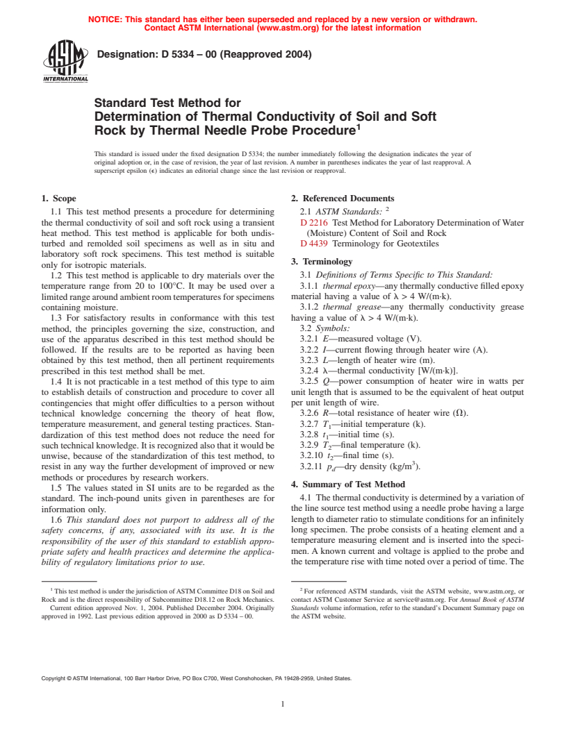 ASTM D5334-00(2004) - Standard Test Method for Determination of Thermal Conductivity of Soil and Soft Rock by Thermal Needle Probe Procedure