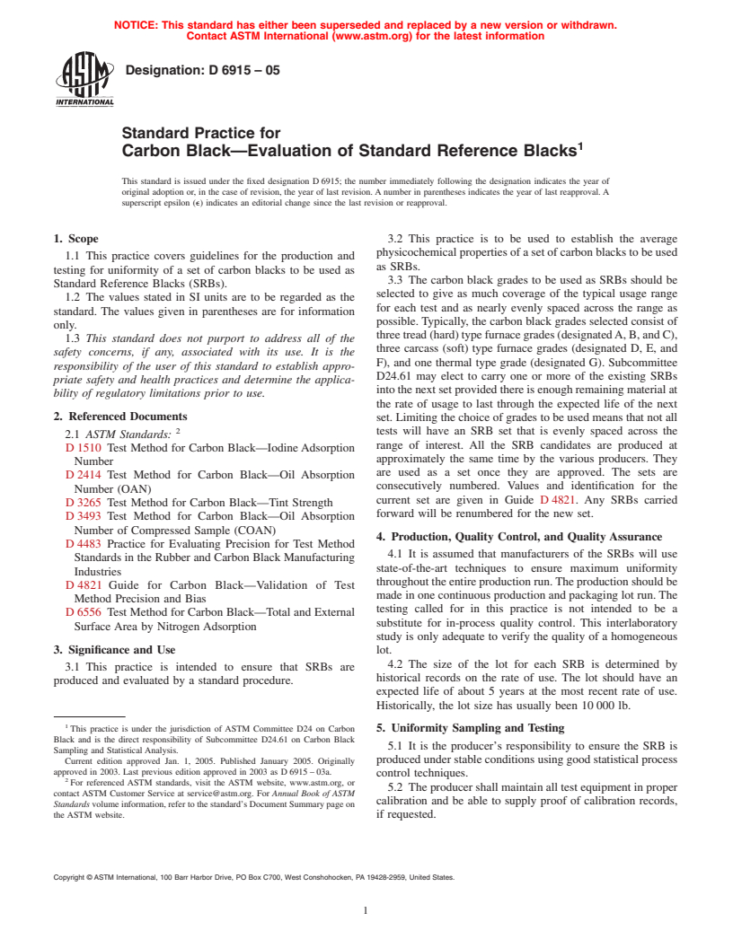 ASTM D6915-05 - Standard Practice for Carbon Black&#8212;Evaluation of Standard Reference Blacks