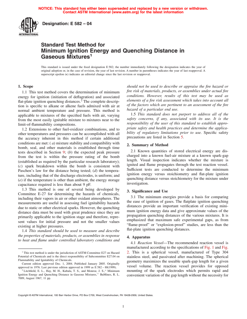 ASTM E582-04 - Standard Test Method for Minimum Ignition Energy and Quenching Distance in Gaseous Mixtures