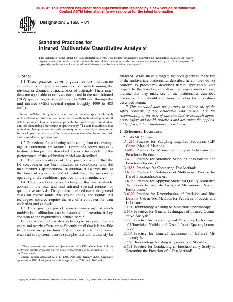 ASTM E1655-04 - Standard Practices for Infrared Multivariate Quantitative Analysis