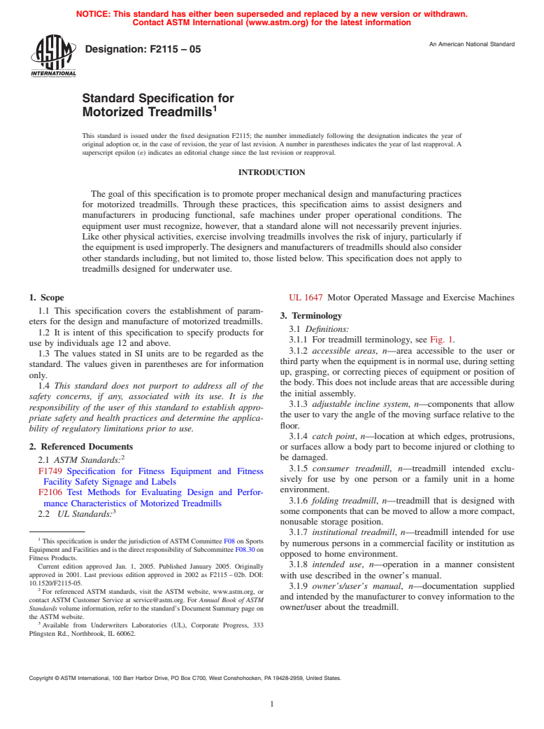 ASTM F2115-05 - Standard Specification for Motorized Treadmills