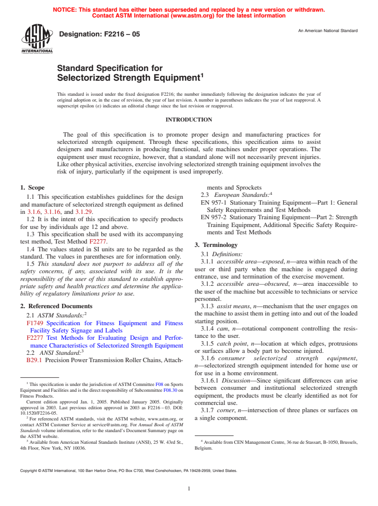 ASTM F2216-05 - Standard Specification for Selectorized Strength Equipment