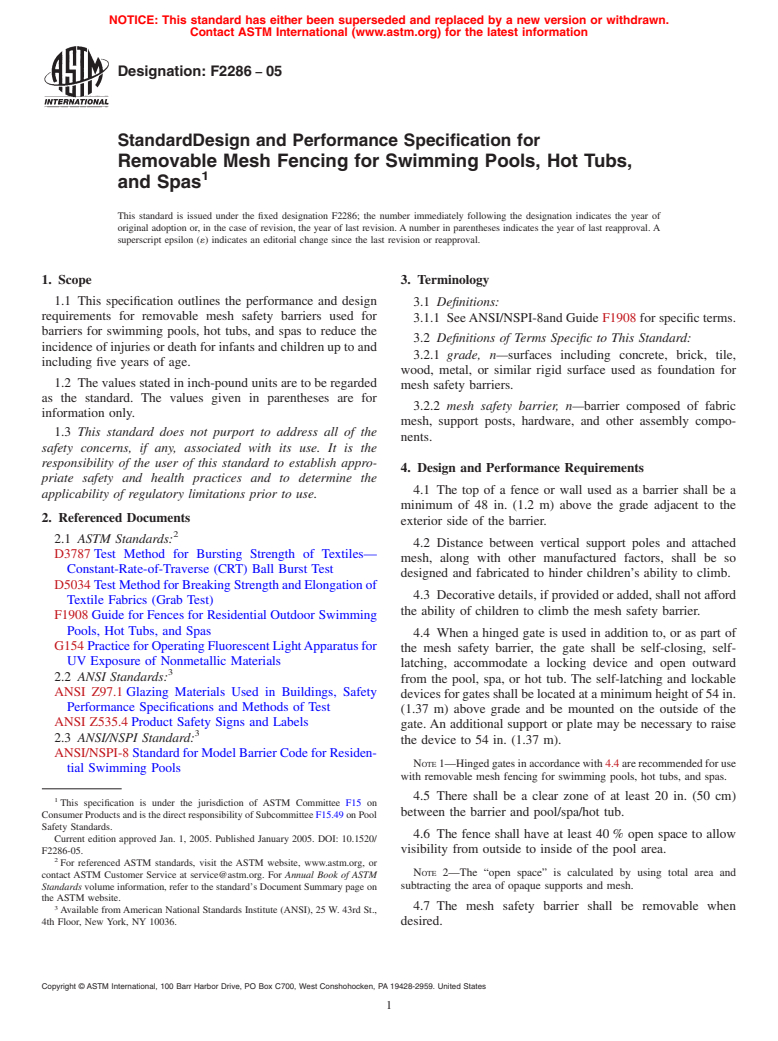 ASTM F2286-05 - Standard Design and Performance Specification for Removable Mesh Fencing for Swimming Pools, Hot Tubs, and Spas