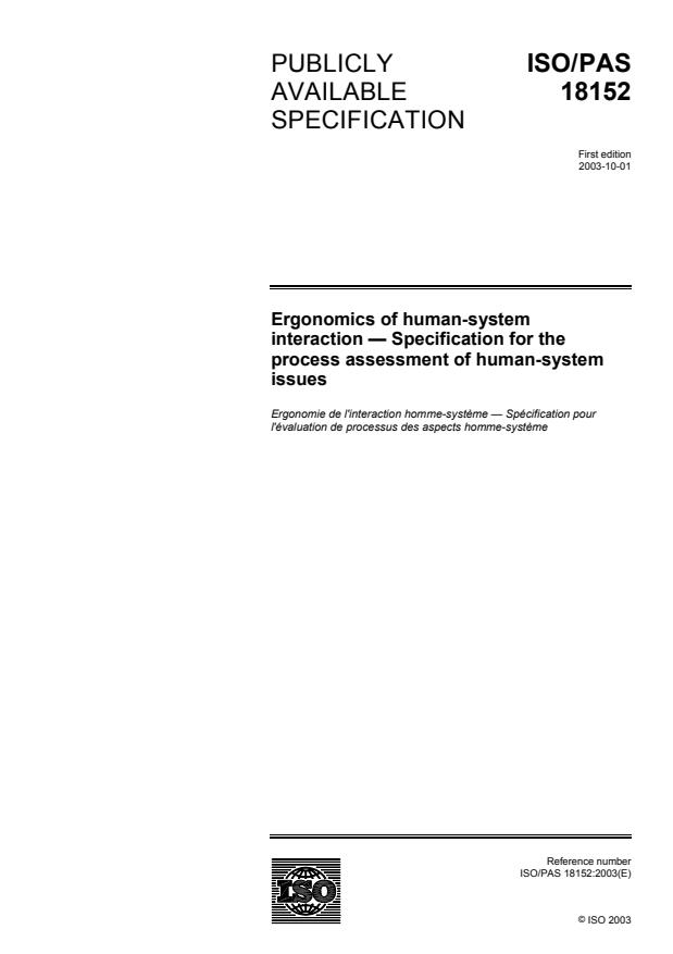 ISO/PAS 18152:2003 - Ergonomics of human-system interaction -- Specification for the process assessment of human-system issues
