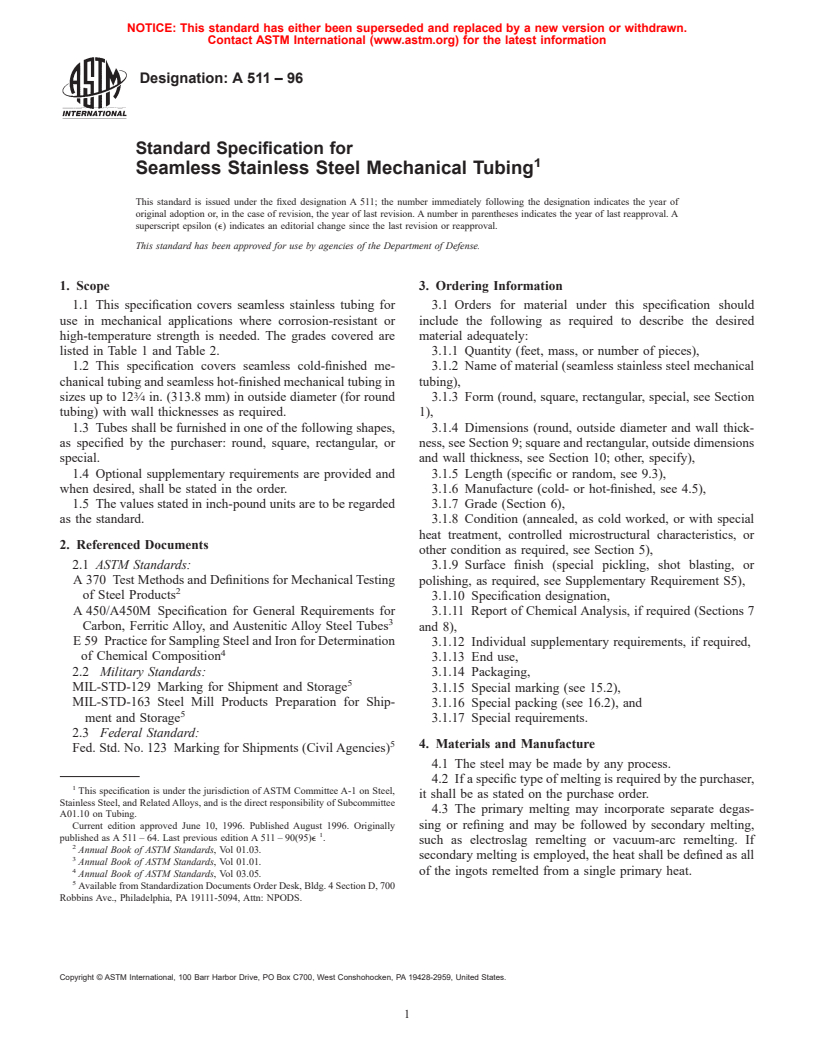 ASTM A511-96 - Standard Specification for Seamless Stainless Steel Mechanical Tubing