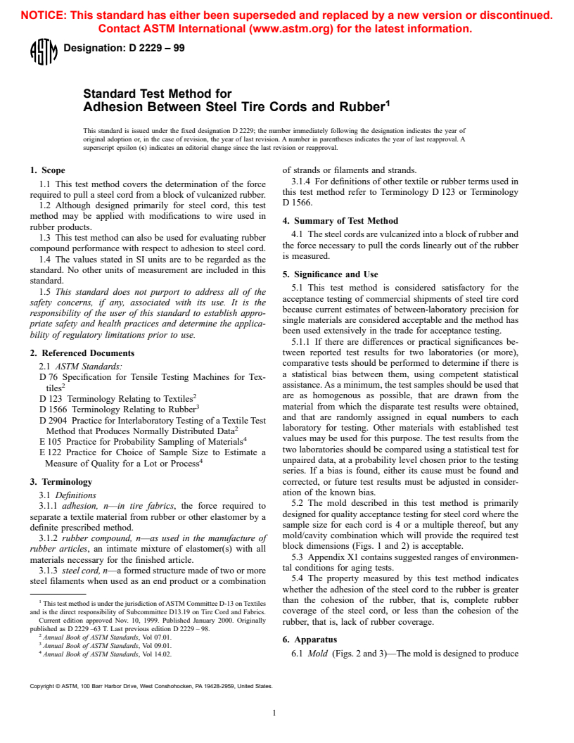 ASTM D2229-99 - Standard Test Method for Adhesion Between Steel Tire Cords and Rubber