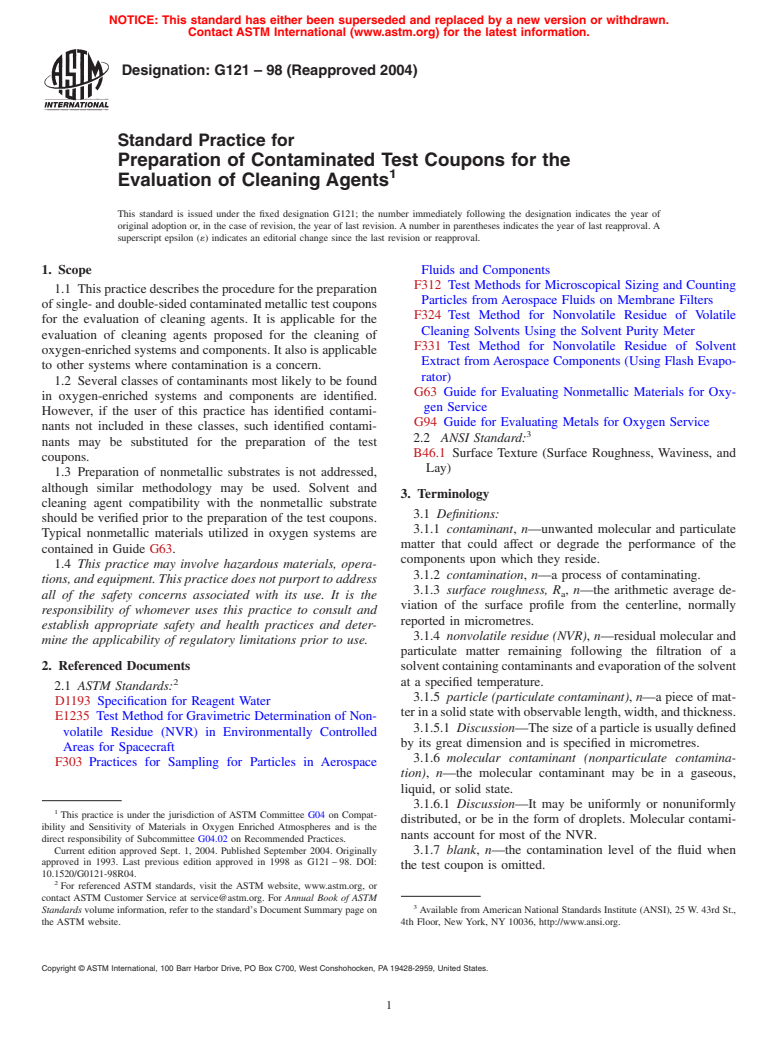 ASTM G121-98(2004) - Standard Practice for Preparation of Contaminated Test Coupons for the Evaluation of Cleaning Agents