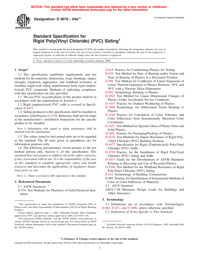 ASTM D3679-04ae1 - Standard Specification for Rigid Poly(Vinyl Chloride) (PVC) Siding