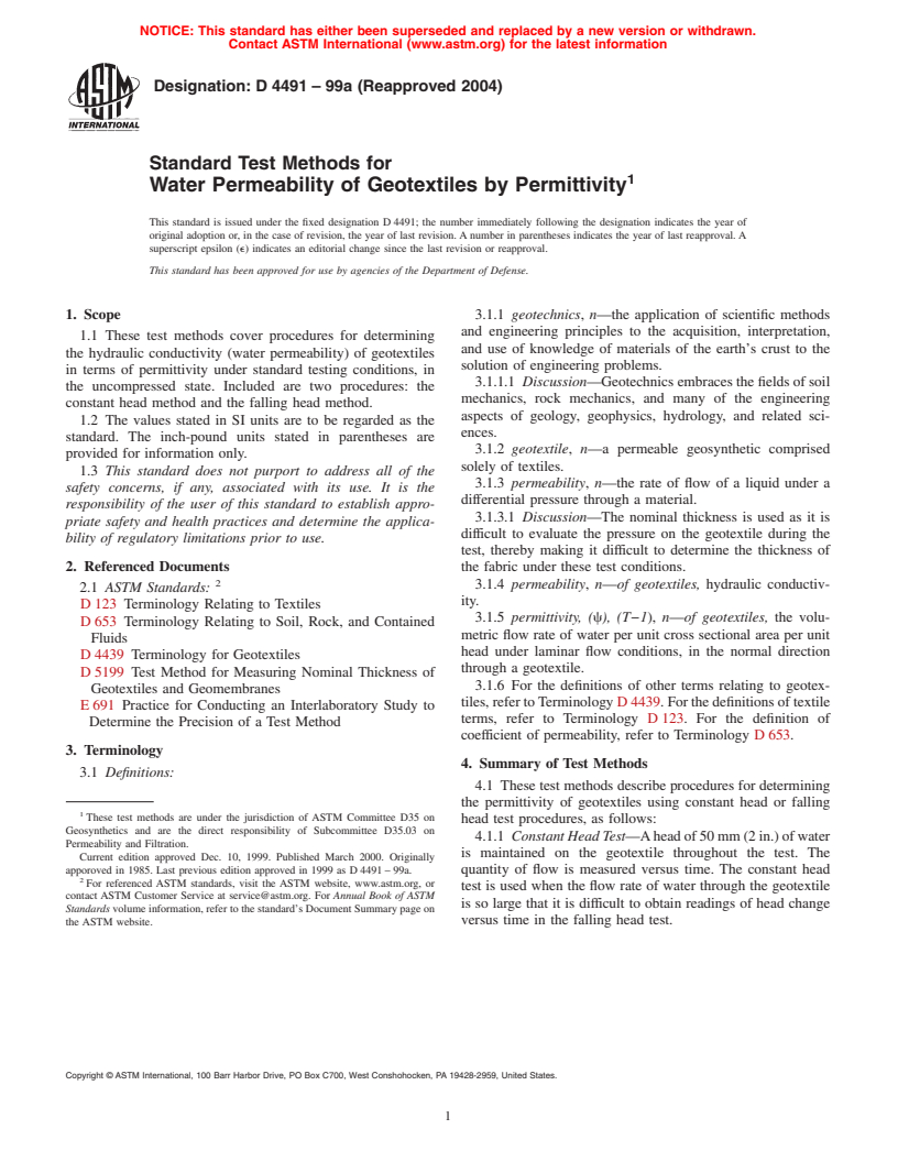 ASTM D4491-99a(2004) - Standard Test Methods for Water Permeability of Geotextiles by Permittivity