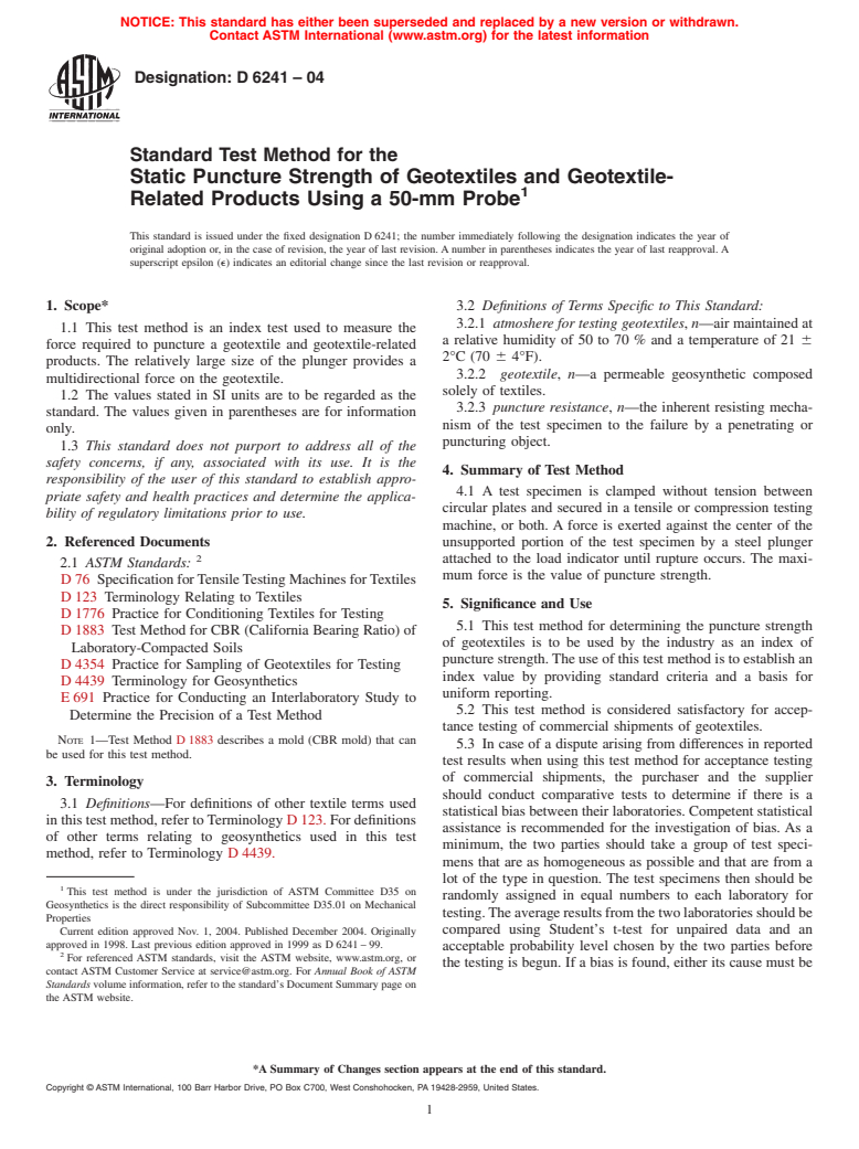 ASTM D6241-04 - Standard Test Method for the Static Puncture Strength of Geotextiles and Geotextile-Related Products Using a 50-mm Probe