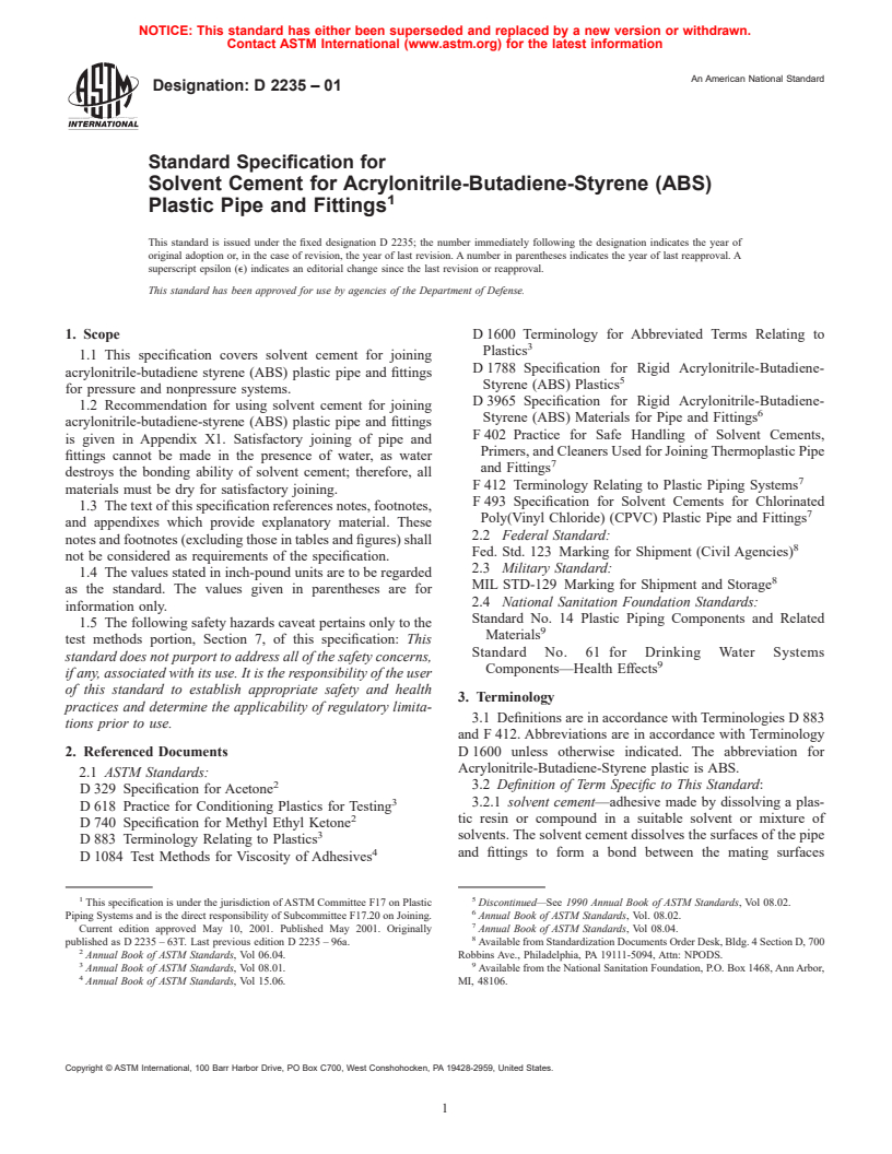 ASTM D2235-01 - Standard Specification for Solvent Cement for Acrylonitrile-Butadiene-Styrene (ABS) Plastic Pipe and Fittings