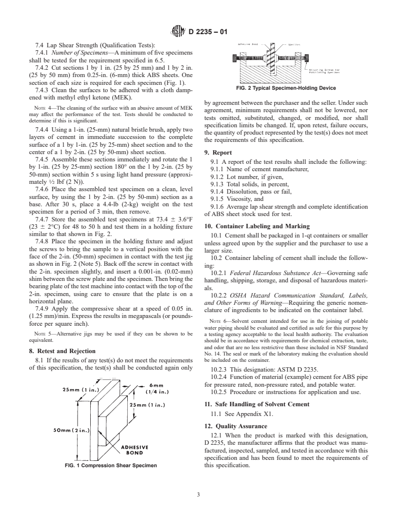 ASTM D2235-01 - Standard Specification for Solvent Cement for Acrylonitrile-Butadiene-Styrene (ABS) Plastic Pipe and Fittings