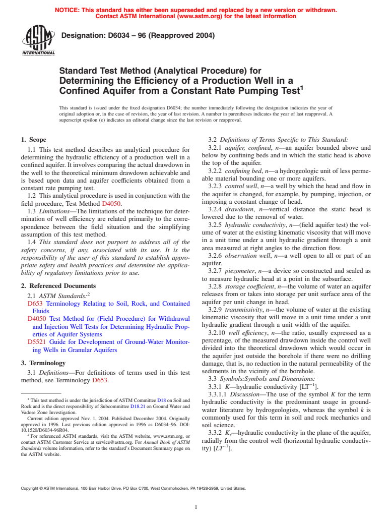 ASTM D6034-96(2004) - Standard Test Method (Analytical Procedure) for Determining the Efficiency of a Production Well in a Confined Aquifer from a Constant Rate Pumping Test