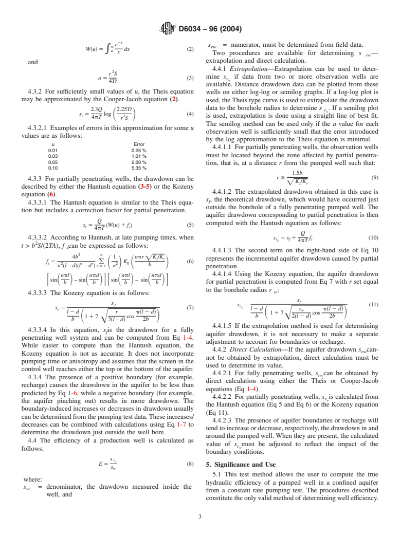 ASTM D6034-96(2004) - Standard Test Method (Analytical Procedure) for Determining the Efficiency of a Production Well in a Confined Aquifer from a Constant Rate Pumping Test