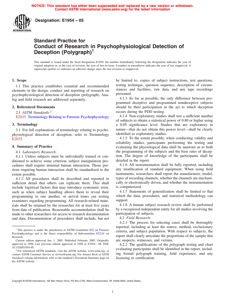 ASTM E1954-05 - Standard Practice for Conduct of Research in Psychophysiological Detection of Deception (Polygraph)