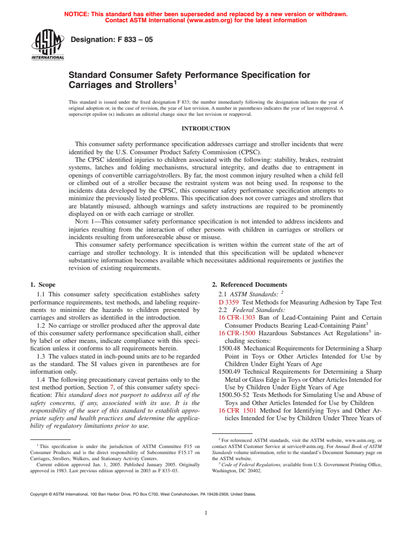 ASTM F833-05 - Standard Consumer Safety Performance Specification for Carriages and Strollers