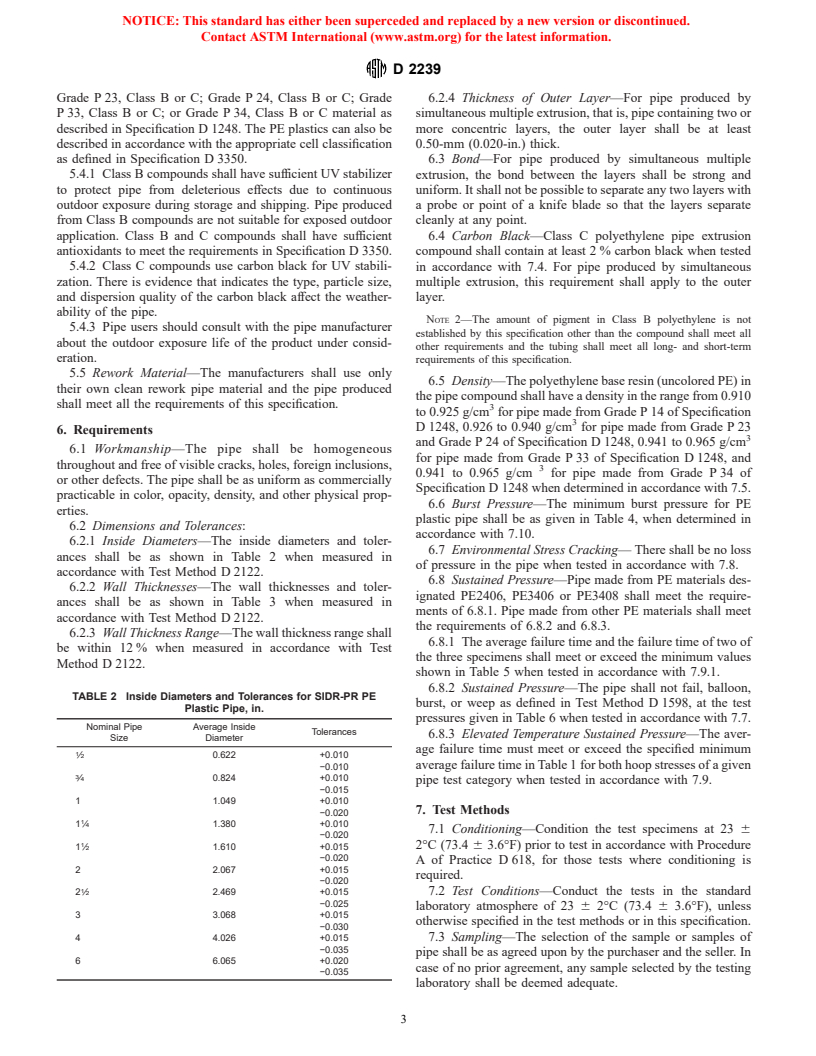 ASTM D2239-01 - Standard Specification for Polyethylene (PE) Plastic Pipe (SIDR-PR) Based on Controlled Inside Diameter