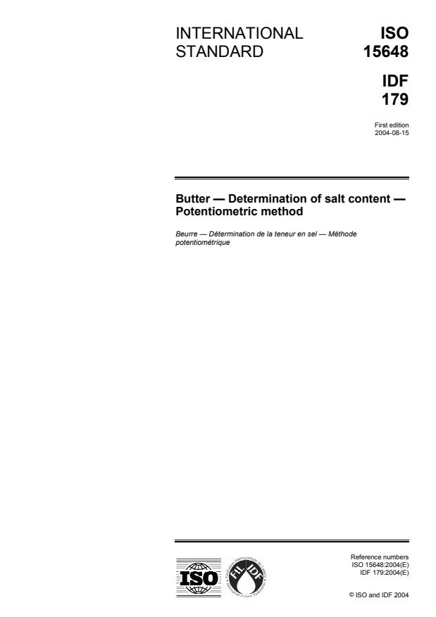 ISO 15648:2004 - Butter -- Determination of salt content -- Potentiometric method