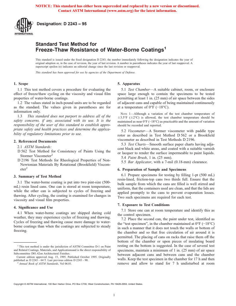 ASTM D2243-95 - Standard Test Method for Freeze-Thaw Resistance of Water-Borne Coatings