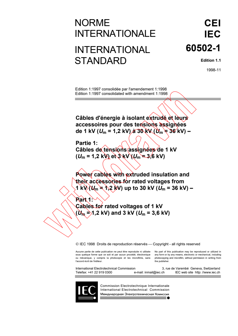 IEC 60502-1:1997+AMD1:1998 CSV - Power cables with extruded insulation and their accessories for rated voltages from 1 kV (Um = 1,2 kV) up to 30 kV (Um = 36 kV) - Part 1: Cables for rated voltages of 1 kV (Um = 1,2 kV) and 3 kV (Um = 3,6 kV)
Released:11/24/1998
Isbn:2831845971