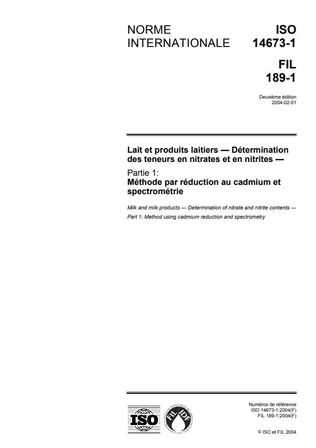 ISO 14673-1:2004 - Lait et produits laitiers -- Détermination des teneurs en nitrates et en nitrites