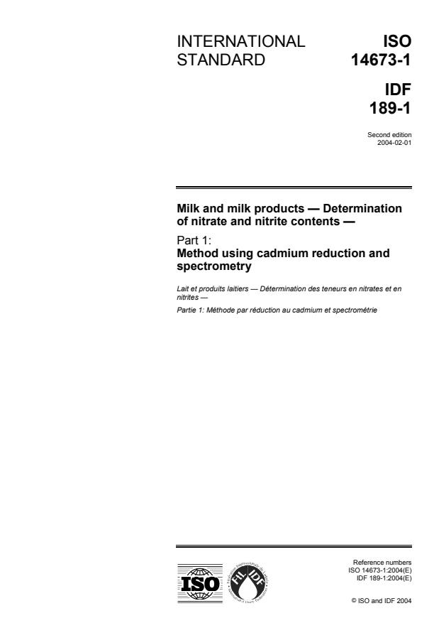 ISO 14673-1:2004 - Milk and milk products -- Determination of nitrate and nitrite contents