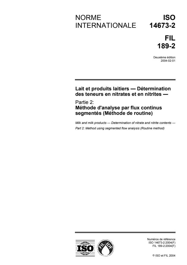 ISO 14673-2:2004 - Lait et produits laitiers -- Détermination des teneurs en nitrates et en nitrites