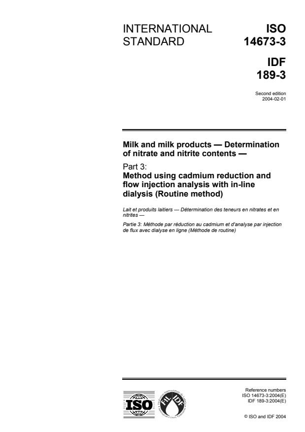 ISO 14673-3:2004 - Milk and milk products -- Determination of nitrate and nitrite contents