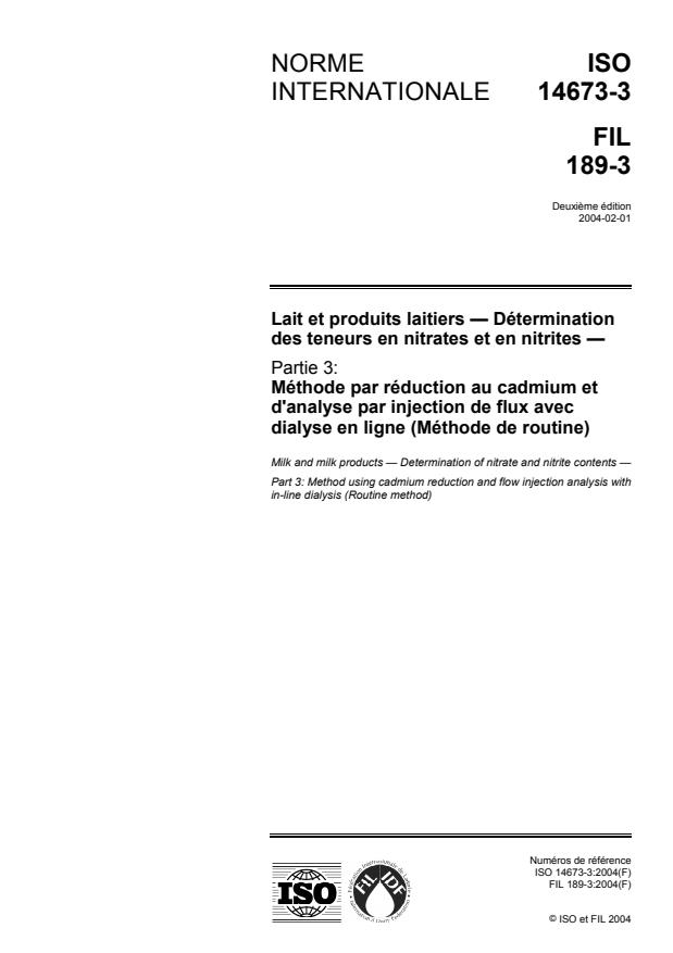ISO 14673-3:2004 - Lait et produits laitiers -- Détermination des teneurs en nitrates et en nitrites