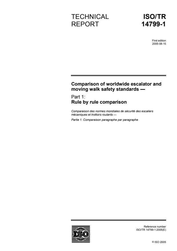 ISO/TR 14799-1:2005 - Comparison of worldwide escalator and moving walk safety standards