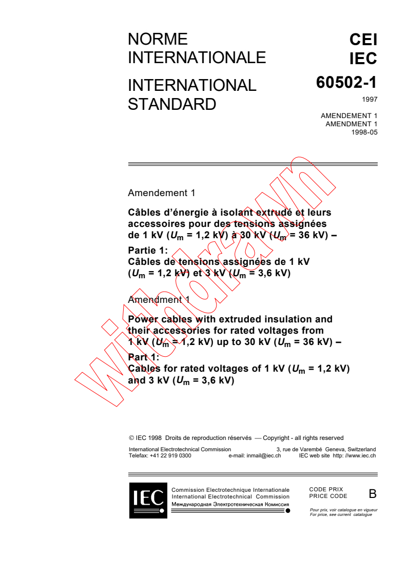 IEC 60502-1:1997/AMD1:1998 - Amendment 1 - Power cables with extruded insulation and their accessories for rated voltages from 1kV (Um = 1,2 kV) up to 30 kV (Um = 36 kV) - Part 1: Cables for rated voltages of 1 kV (Um = 1,2 kV) and 3 kV (Um = 3,6 kV)
Released:5/20/1998
Isbn:2831843804