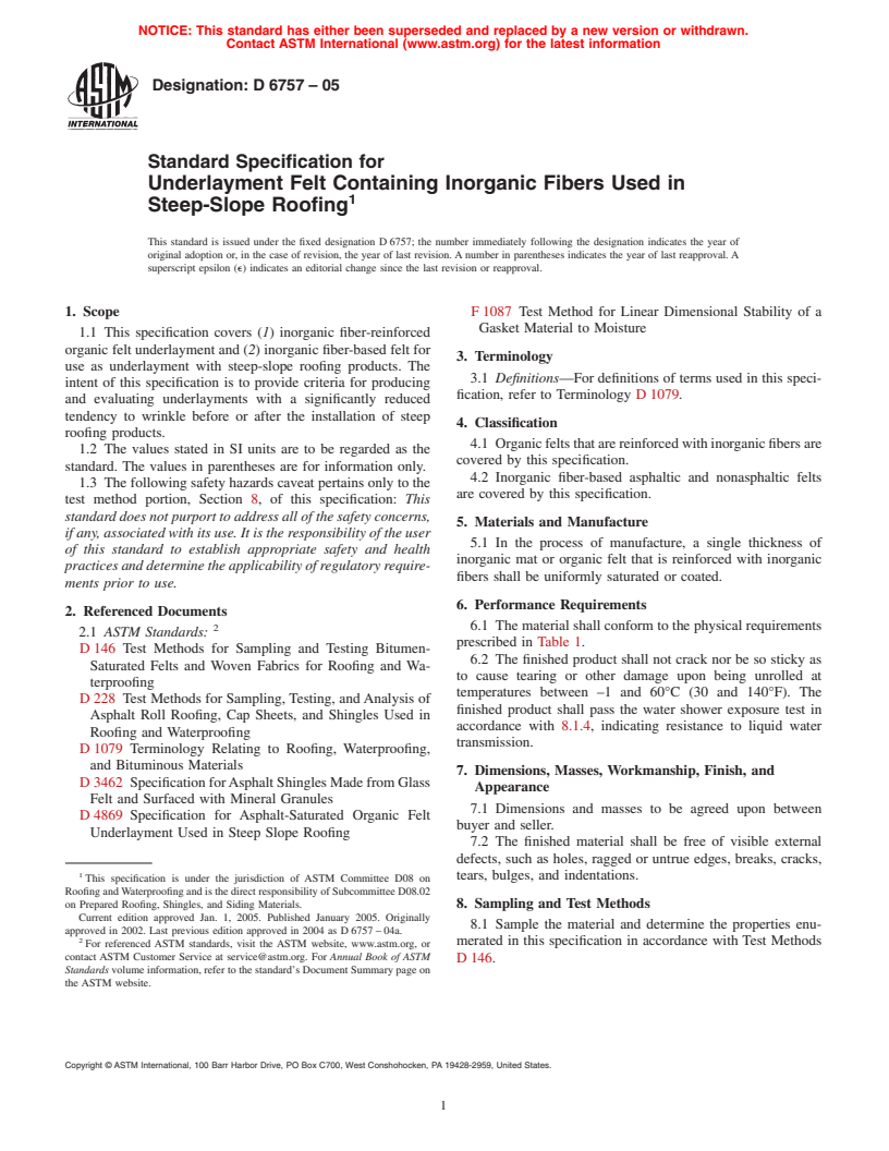 ASTM D6757-05 - Standard Specification for Underlayment Felt Containing Inorganic Fibers Used in Steep-Slope Roofing