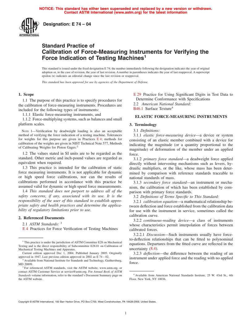 ASTM E74-04 - Standard Practice of Calibration of Force-Measuring Instruments for Verifying the Force Indication of Testing Machines
