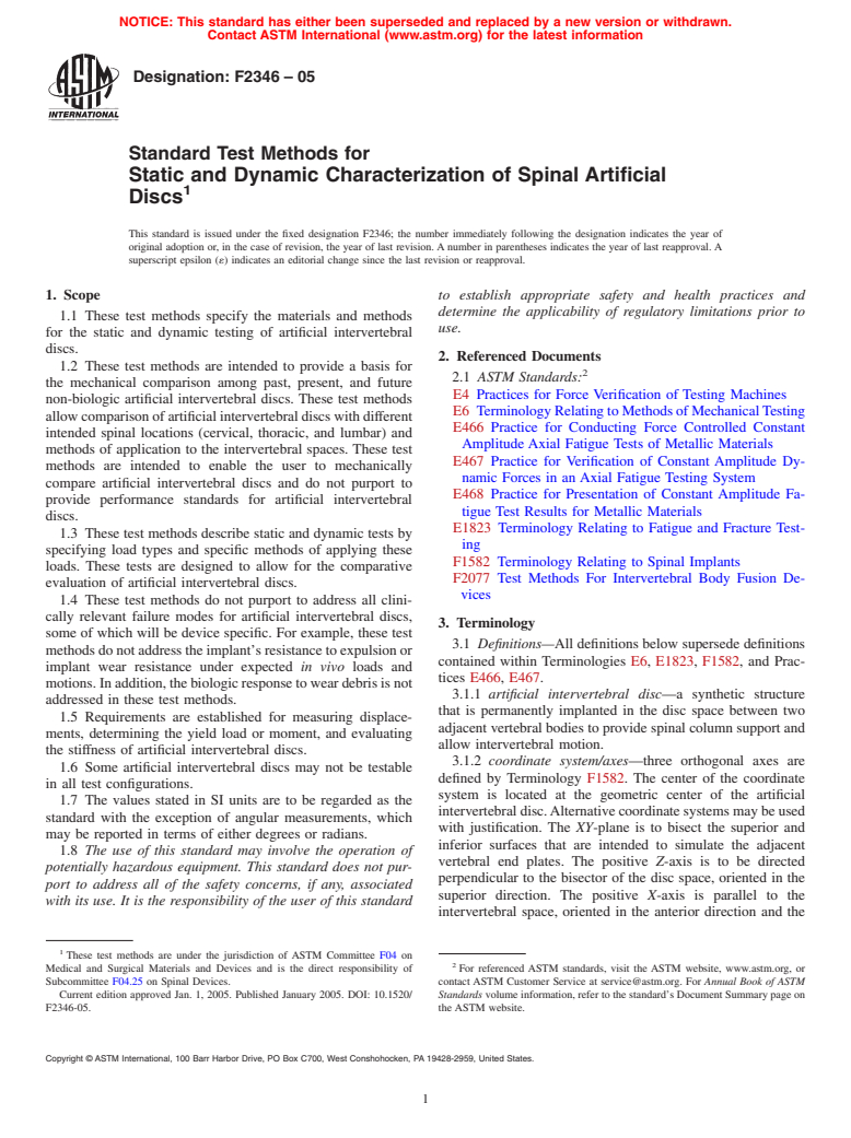 ASTM F2346-05 - Standard Test Methods for Static and Dynamic Characterization of Spinal Artificial Discs