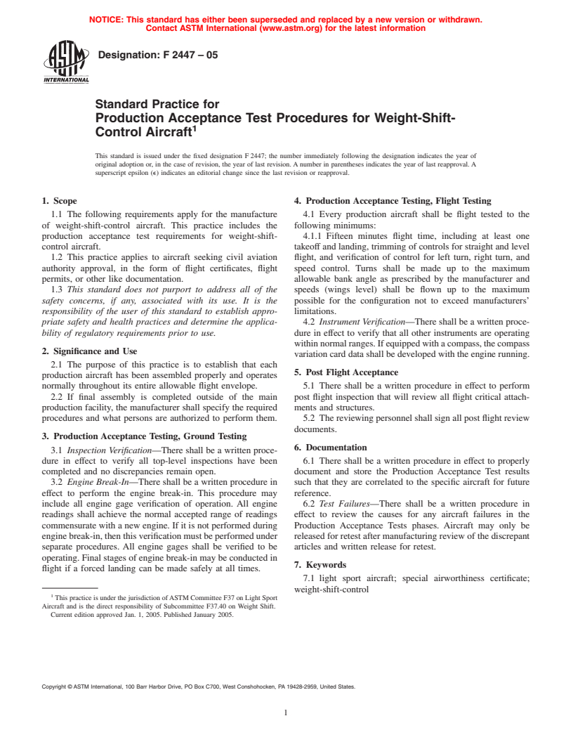 ASTM F2447-05 - Standard Practice for Production Acceptance Test Procedures for Weight-Shift-Control Aircraft