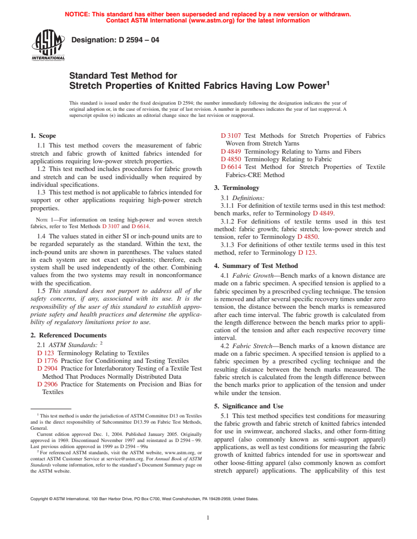 ASTM D2594-04 - Standard Test Method for Stretch Properties of Knitted Fabrics Having Low Power