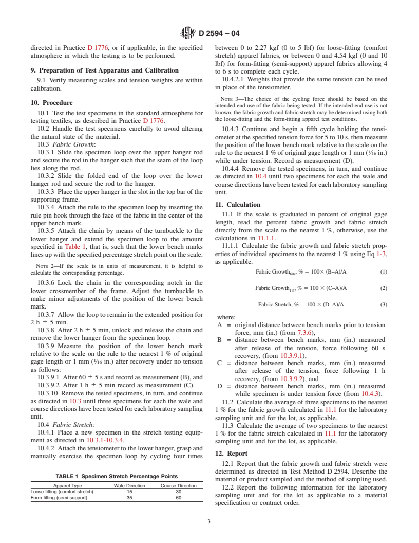 ASTM D2594-04 - Standard Test Method for Stretch Properties of Knitted Fabrics Having Low Power