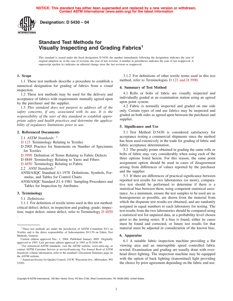 ASTM D5430-04 - Standard Test Methods for Visually Inspecting and Grading Fabrics